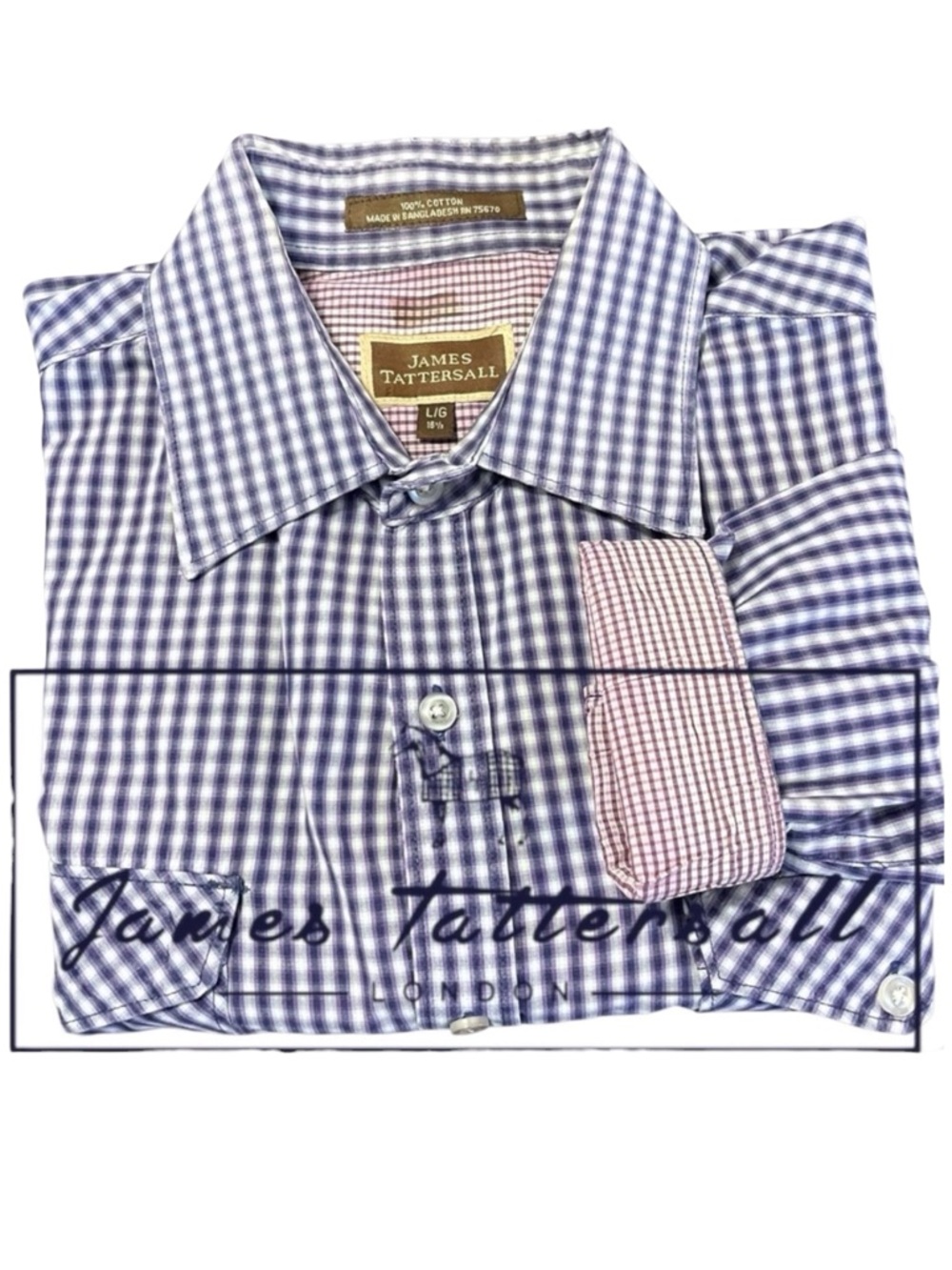 James Tattersall Purple/White Check Cotton Front Pocket Button Up Shirt (L/16.5)